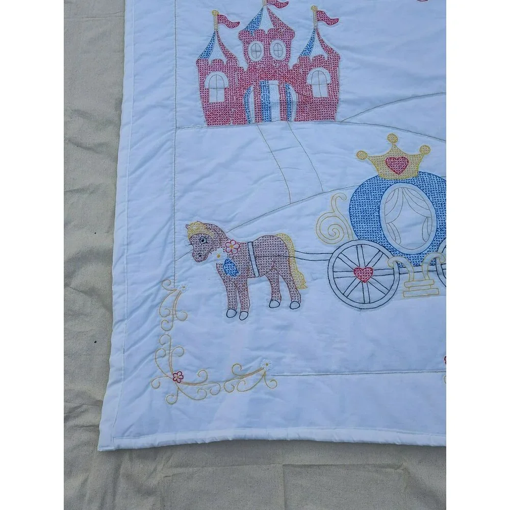 Handmade Baby Quilt, Embroidered Castle Carriage Once Upon a Time, 39